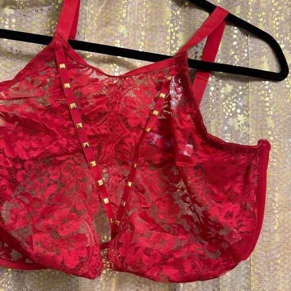 Adore Me Emmaline Red Unlined Lace Halter Studded Bra Lingerie Set 42H 1X - Picture 3 of 9